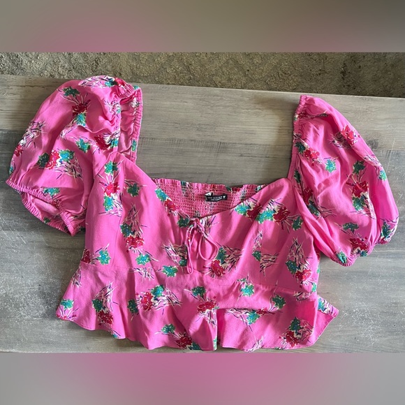 Zara Cropped Short Sleeve Floral Print Smocked Blouse X Large - Picture 2 of 8